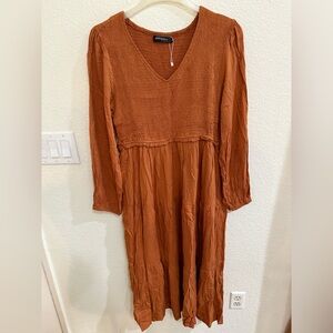 MEROKEETY Rust Orange V-Neck Dress Extra Large
